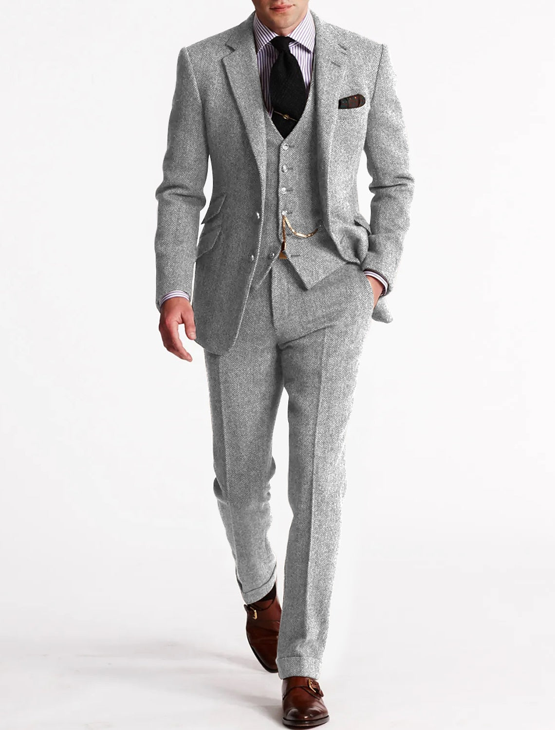 Classic Tweed Three Piece Suit  Brown Herringbone Wool Blend - Product detail 5