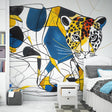 Modern Geometric Jaguar Wallpaper creating a bold statement in a minimalist living room with blue and orange accents