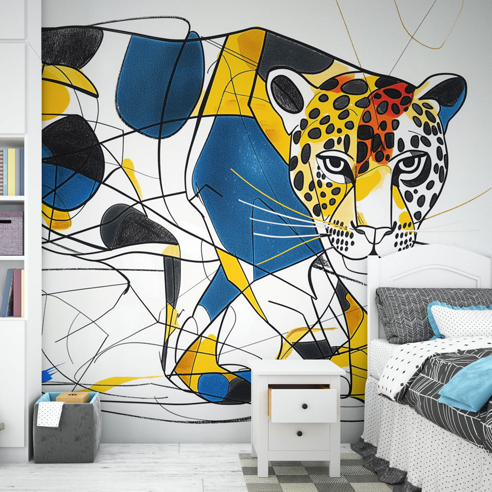 Modern Geometric Jaguar Wallpaper creating a bold statement in a minimalist living room with blue and orange accents