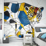 Modern Geometric Jaguar Wallpaper creating a bold statement in a minimalist living room with blue and orange accents