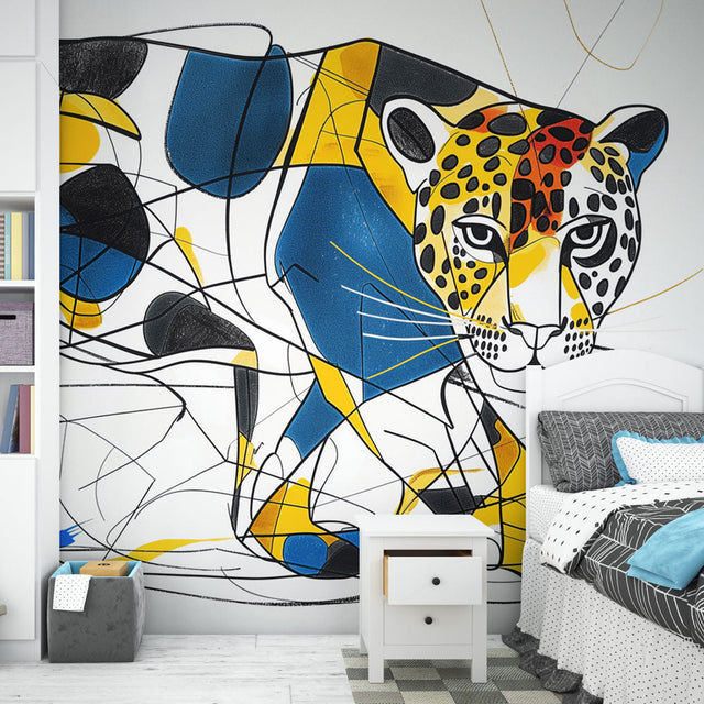 Modern Geometric Jaguar Wallpaper creating a bold statement in a minimalist living room with blue and orange accents