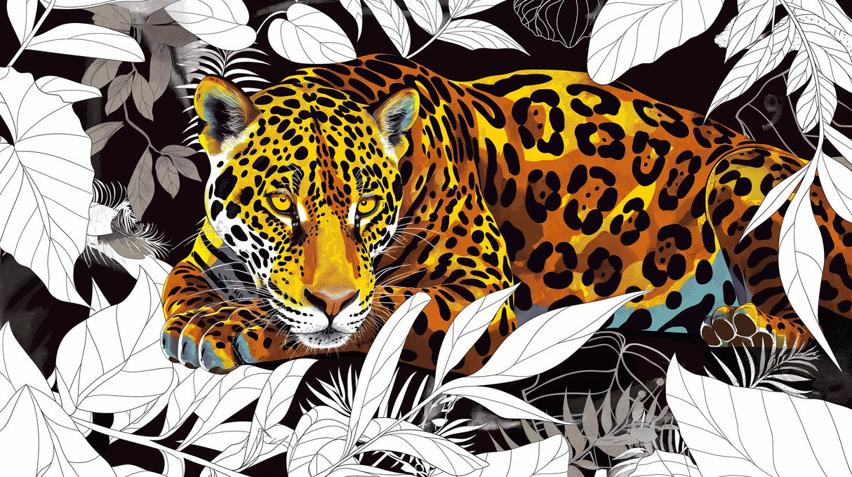Stunning Jaguar Mural Wallpaper creating dramatic impact in a modern living room with black and gold accents