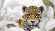 Jaguar wallpaper mural creating dramatic impact in modern living room, black and gold tones against grey wall