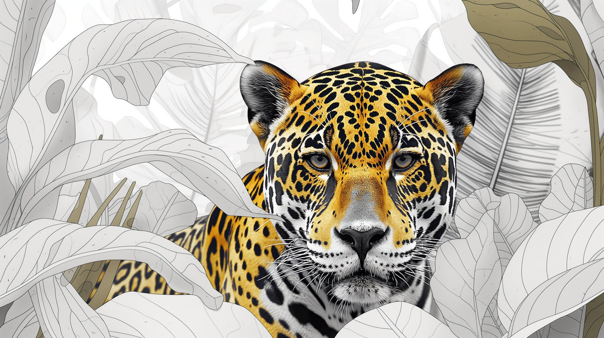 Jaguar wallpaper mural creating dramatic impact in modern living room, black and gold tones against grey wall