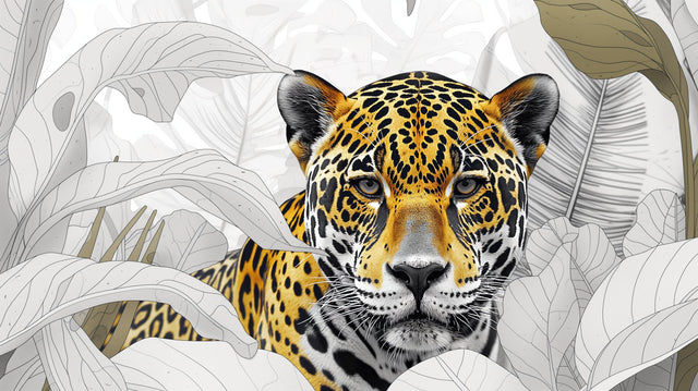 Jaguar wallpaper mural creating dramatic impact in modern living room, black and gold tones against grey wall