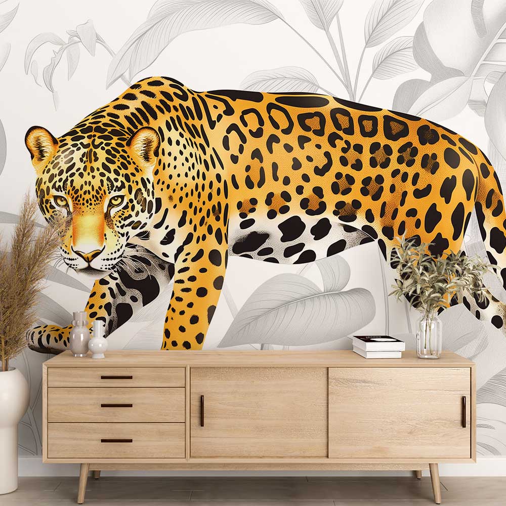 Jaguar wallpaper mural creating a bold statement in a modern living room, golden wild cat against gray monstera leaves