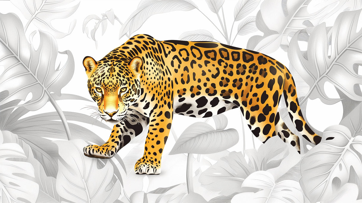 Jaguar wallpaper design file showing detailed golden wild cat and monstera pattern