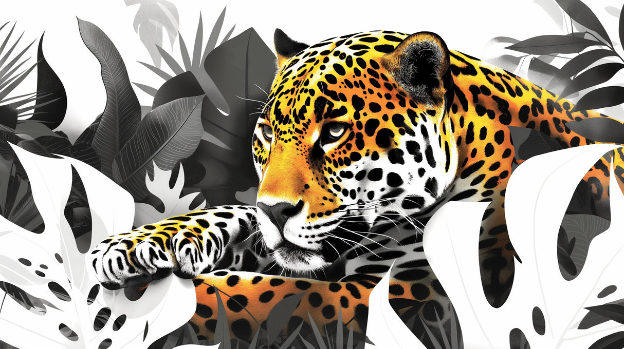Black and gold Jaguar wallpaper mural styled in modern living room, showing dramatic contrast against light walls