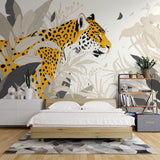 Jaguar wallpaper mural showcased in a modern living room, highlighting the golden feline against soft gray tropical leaves