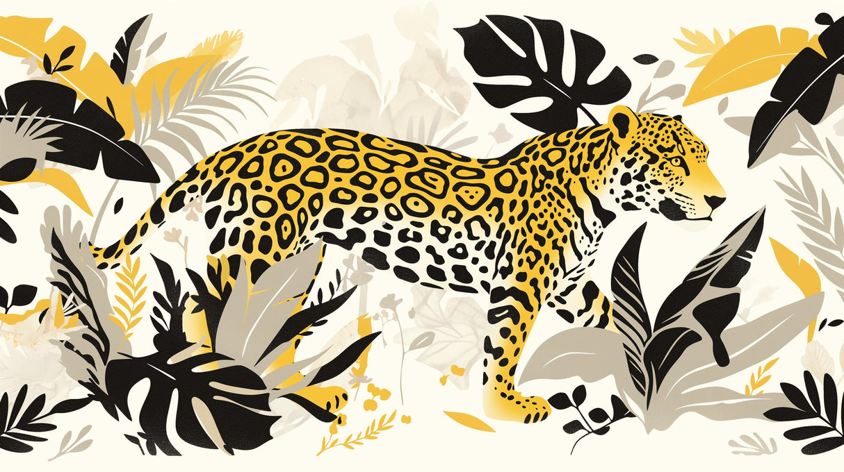 Stunning Tropical Jaguar Wallpaper creates dramatic impact in modern living room with gold accents and black furniture
