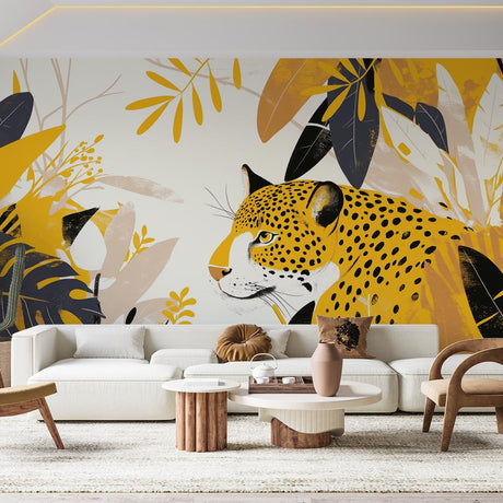 Stunning Jaguar Wallpaper creating a bold statement wall in a modern living room with gold and black accents