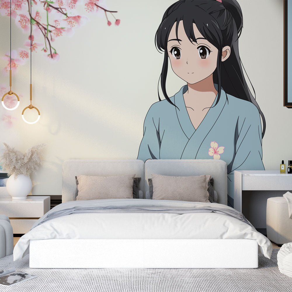 Japanese anime wallpaper with cherry blossoms creating a peaceful atmosphere in a modern bedroom setting