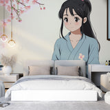 Japanese anime wallpaper with cherry blossoms creating a peaceful atmosphere in a modern bedroom setting