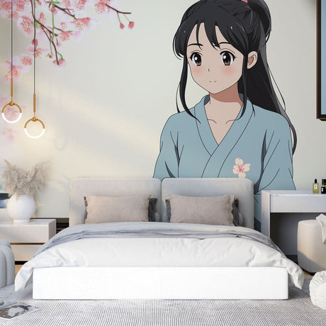 Japanese anime wallpaper with cherry blossoms creating a peaceful atmosphere in a modern bedroom setting