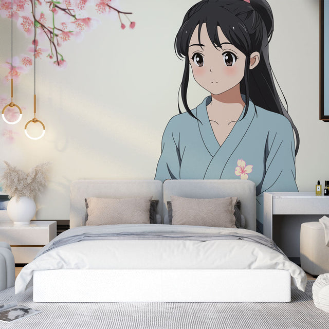 Japanese anime wallpaper with cherry blossoms creating a peaceful atmosphere in a modern bedroom setting