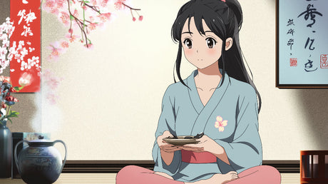 Japanese anime cherry blossom design file showing delicate pink blossoms and traditional tea ceremony scene