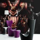Japanese anime warrior wallpaper creating dramatic impact in modern gaming room with red and gold accents