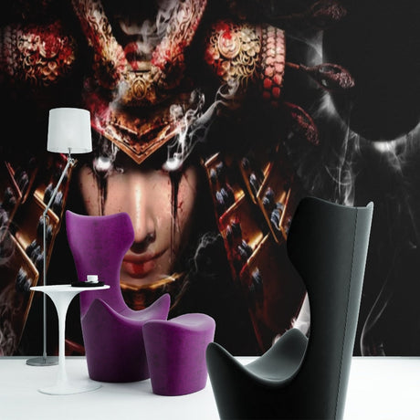 Japanese anime warrior wallpaper creating dramatic impact in modern gaming room with red and gold accents