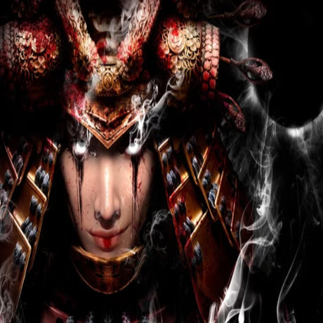 Japanese warrior design file showing intricate smoke effects and ornamental pattern details
