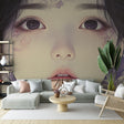 Japanese portrait wallpaper with purple blossoms creating elegant atmosphere in modern living room interior