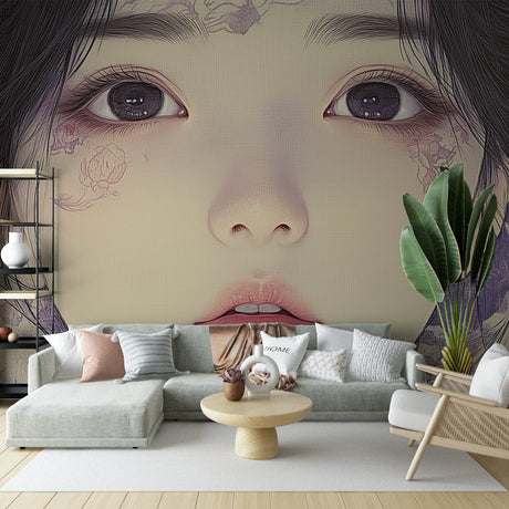 Japanese portrait wallpaper with purple blossoms creating elegant atmosphere in modern living room interior