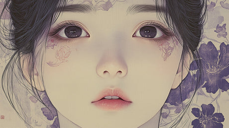 Japanese art wallpaper design file showing detailed portrait with purple floral elements