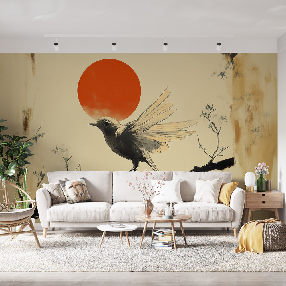 Japanese bird wallpaper with black raven displayed in a minimal modern dining room, creating a dramatic focal point
