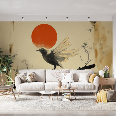 Japanese bird wallpaper with black raven displayed in a minimal modern dining room, creating a dramatic focal point