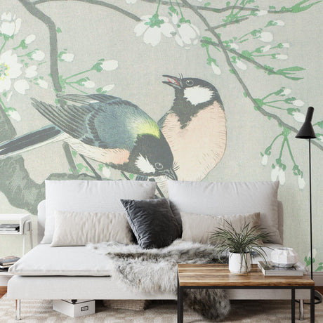Japanese birds wallpaper in modern living room showing scale of cherry blossom design