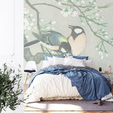Japanese bird mural in dining room with natural lighting highlighting cherry blossoms