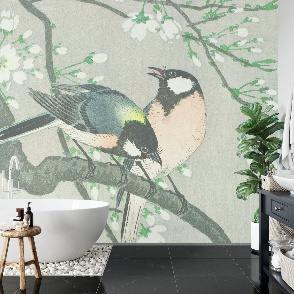 Oriental bird wallpaper adding zen feel to reading nook with cherry blossom details