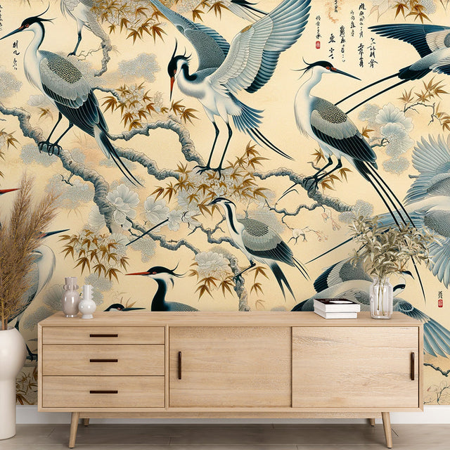 Japanese crane wallpaper mural styled in a modern dining room, showing graceful birds and maple leaves in soft tones