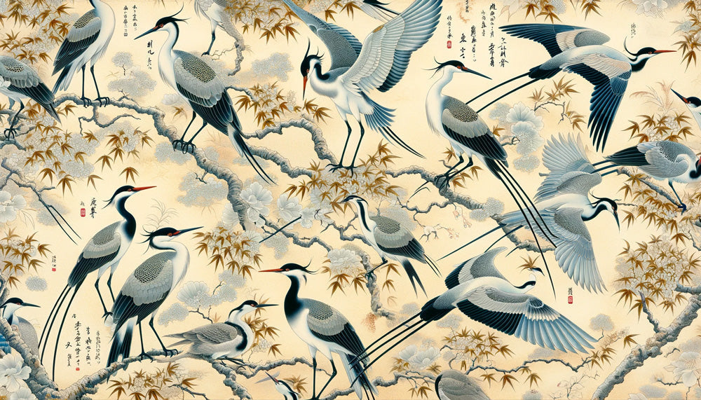 Japanese crane and maple leaves design file showing intricate pattern details and soft color palette