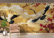 Japanese crane wallpaper with gold background in a modern dining room, creating an elegant Asian atmosphere