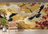 Japanese crane wallpaper with gold background in a modern dining room, creating an elegant Asian atmosphere