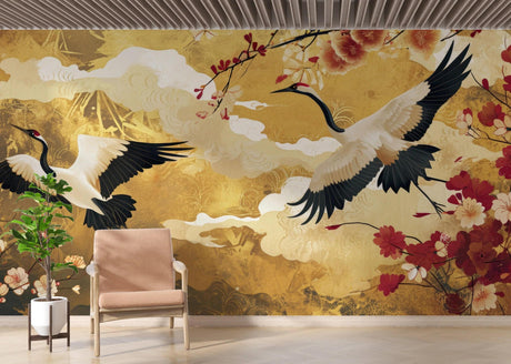 Japanese crane wallpaper with gold background in a modern dining room, creating an elegant Asian atmosphere