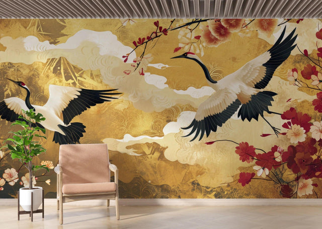 Japanese crane wallpaper with gold background in a modern dining room, creating an elegant Asian atmosphere