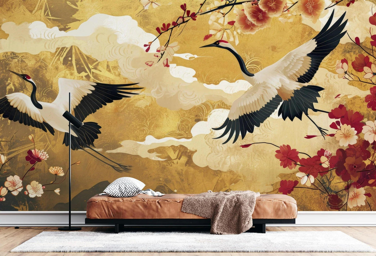 Gold Japanese bird mural with cherry blossoms in a luxury bedroom setting showing scale and impact