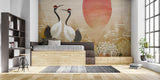 Oriental crane mural in bedroom with minimalist furniture