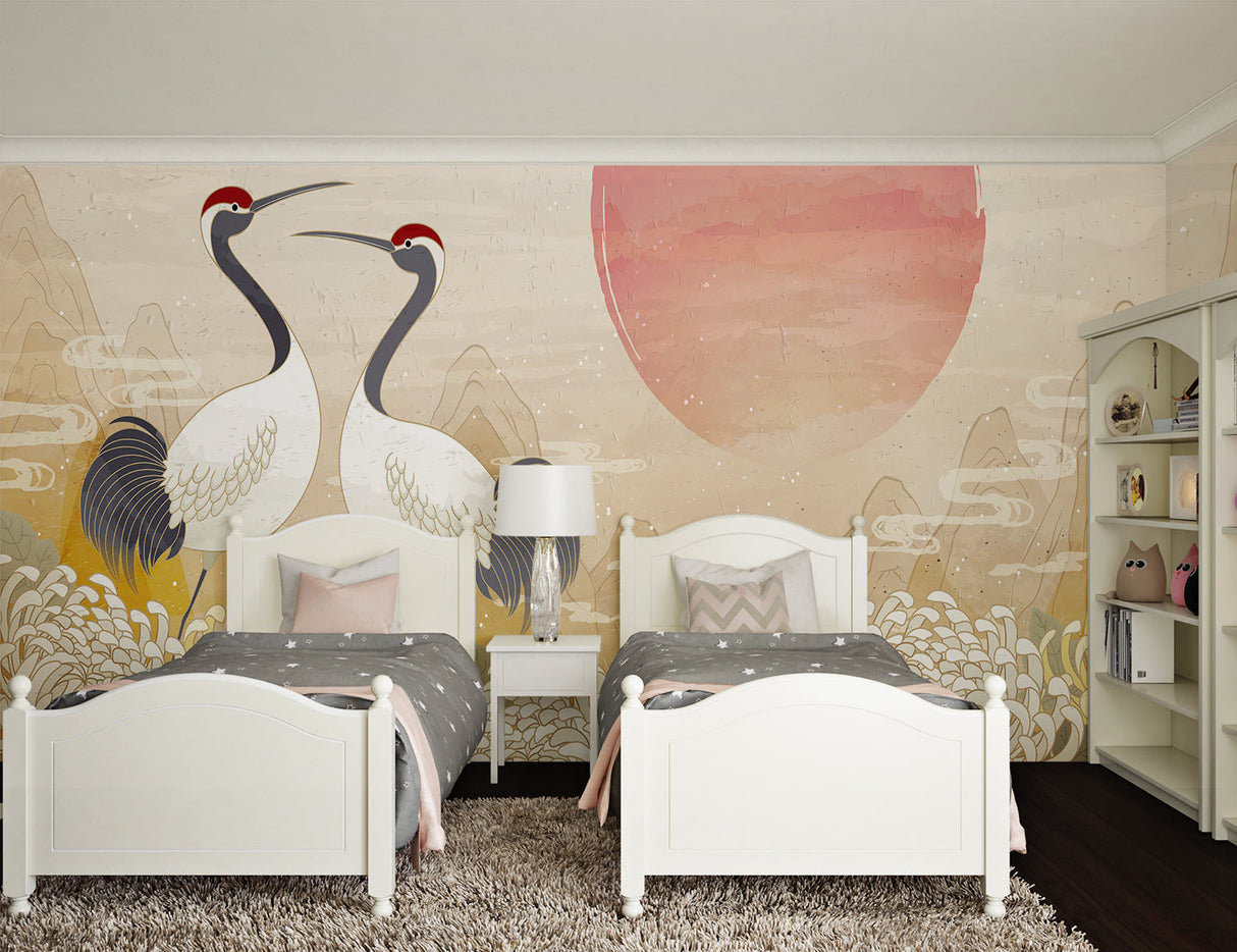 Asian bird wallpaper in meditation room showing scale