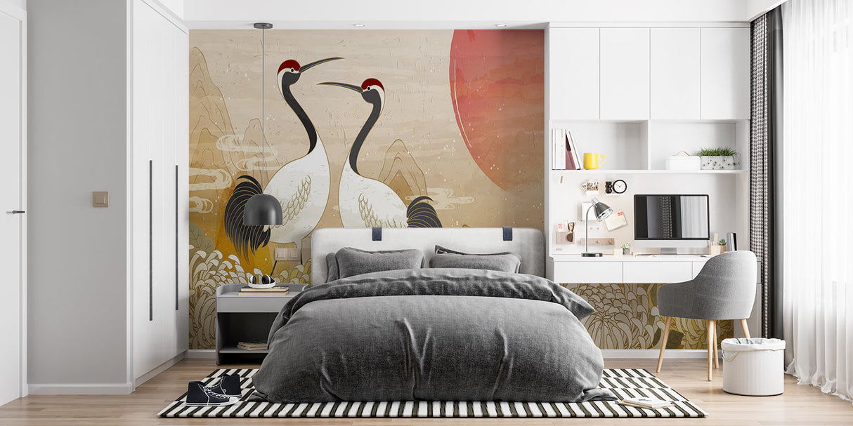 Crane wallpaper in home office creating zen atmosphere
