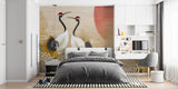 Crane wallpaper in home office creating zen atmosphere