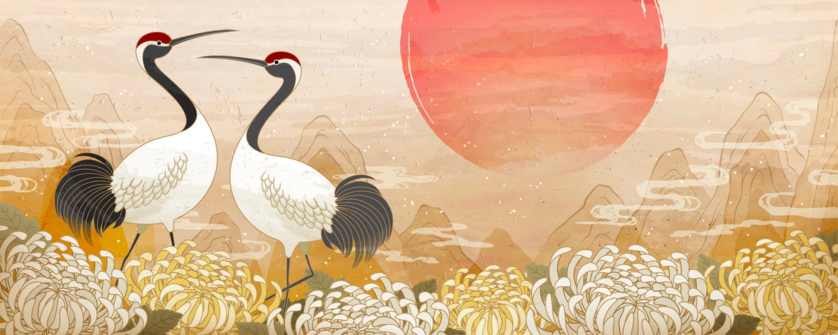 Japanese crane design file showing full pattern with desert sun and mountains