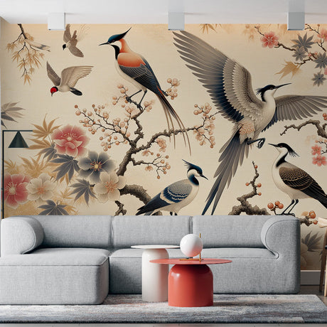 Japanese crane and cherry blossom wallpaper creating a serene atmosphere in a modern living room with minimal furniture
