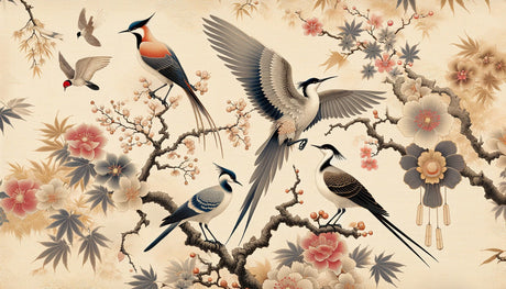Japanese birds wallpaper design file showing detailed crane and cherry blossom pattern