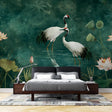 Japanese crane wallpaper displayed in a modern dining room, creating a serene Asian-inspired atmosphere