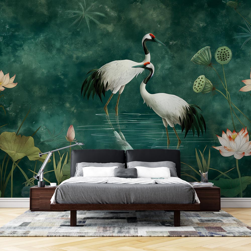 Japanese crane wallpaper displayed in a modern dining room, creating a serene Asian-inspired atmosphere