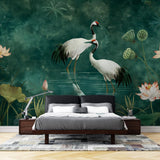 Japanese crane wallpaper displayed in a modern dining room, creating a serene Asian-inspired atmosphere