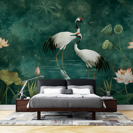 Japanese crane wallpaper displayed in a modern dining room, creating a serene Asian-inspired atmosphere
