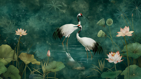 Japanese crane and lotus garden design file showing intricate details and rich emerald background